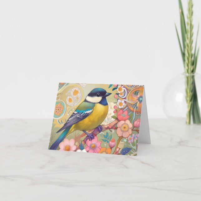 Great Tit Chickadee Bird Colourful Floral Flowers Card (Front)