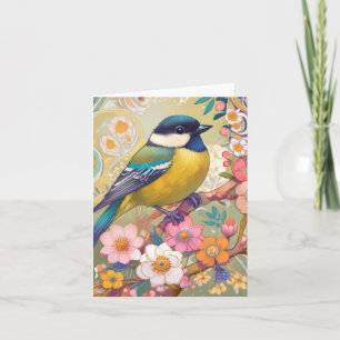 Great Tit Chickadee Bird Colourful Floral Flowers Card
