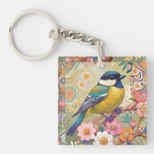 Great Tit Chickadee Bird Colourful Floral Flowers Key Ring