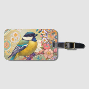 Great Tit Chickadee Bird Colourful Floral Flowers Luggage Tag