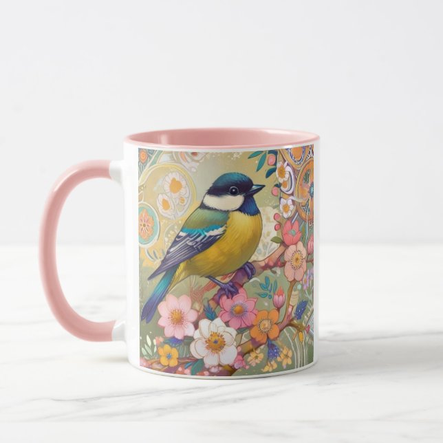 Great Tit Chickadee Bird Colourful Floral Flowers Mug (Left)
