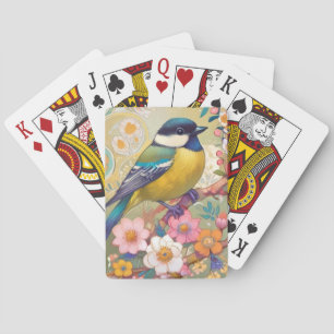 Great Tit Chickadee Bird Colourful Floral Flowers Playing Cards