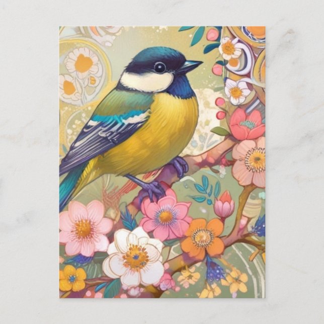 Great Tit Chickadee Bird Colourful Floral Flowers Postcard (Front)