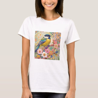 Great Tit Chickadee Bird Colourful Floral Flowers T-Shirt