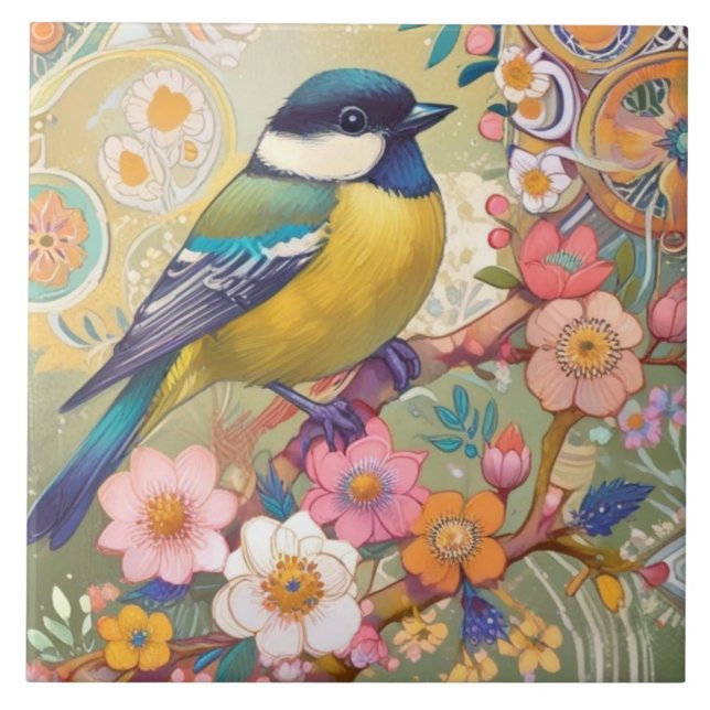 Great Tit Chickadee Bird Colourful Floral Flowers Tile (Front)