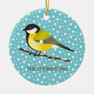 Great Tit Parus Major Bird & Custom Family Name Ceramic Tree Decoration