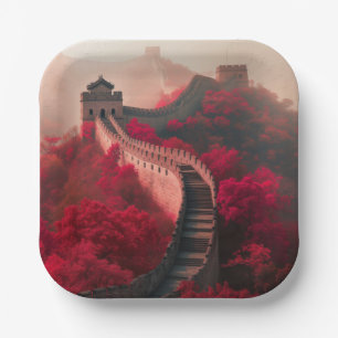 Great Wall of China in Autumn – Scenic Red Paper Plate