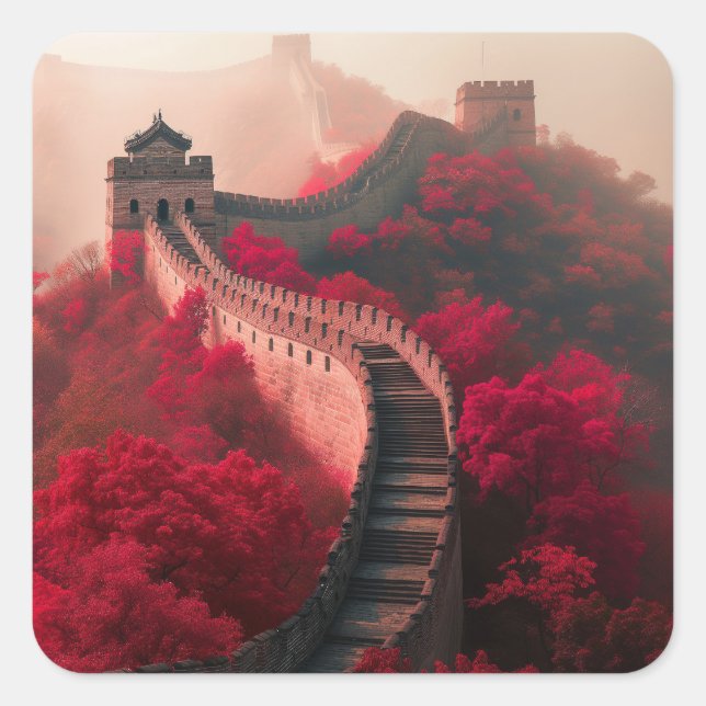Great Wall of China in Autumn – Scenic Red Square Sticker (Front)