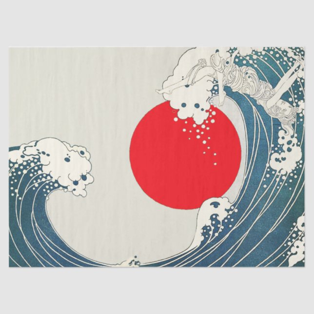 GREAT WAVE AND RED SUN Blue White Nautical Tissue Paper (Front)
