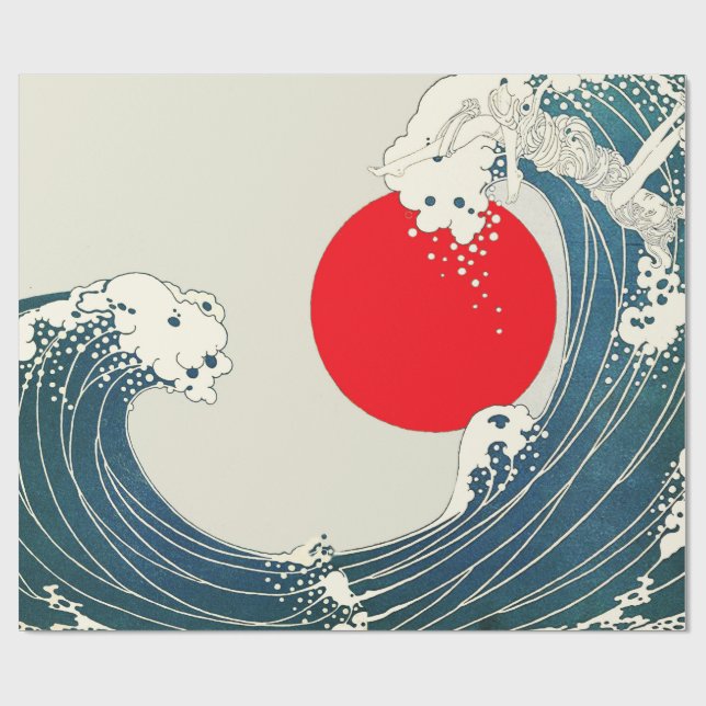GREAT WAVE AND RED SUN Blue White Nautical Wrapping Paper (Flat)