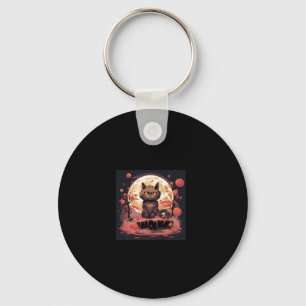 Great Wave and Sakura_ Halloween Black Cat Art Key Ring