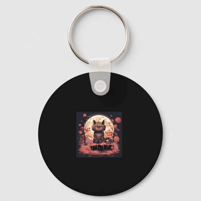 Great Wave and Sakura_ Halloween Black Cat Art  Key Ring (Front)