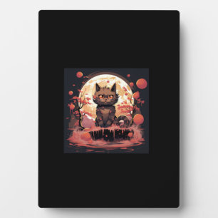 Great Wave and Sakura_ Halloween Black Cat Art  Plaque