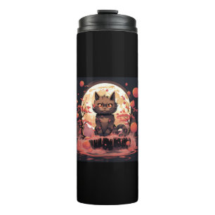 Great Wave and Sakura_ Halloween Black Cat Art Thermal Tumbler