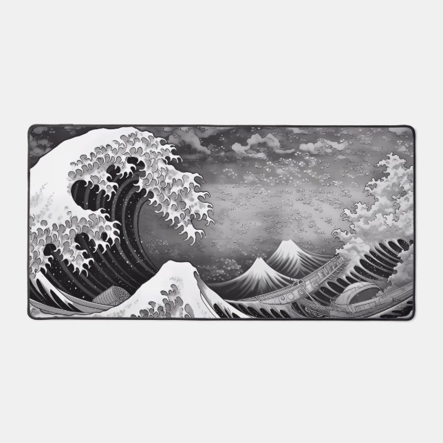 great wave black and white large desk mouse pad (Front)