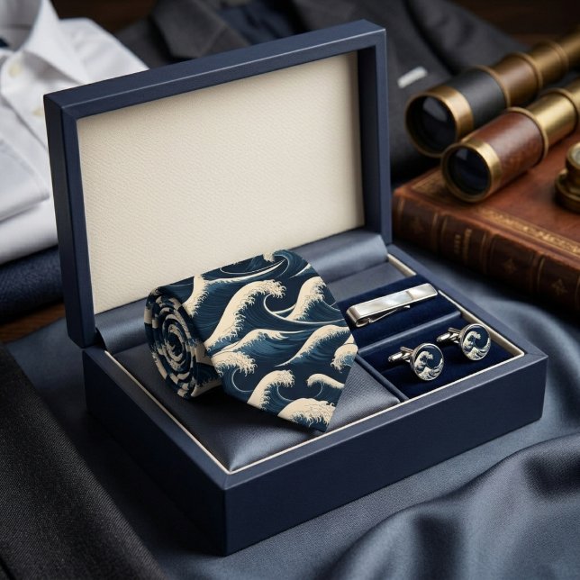Great Wave Hokusai Navy Blue Japanese Art Pattern Tie (Creator Uploaded)