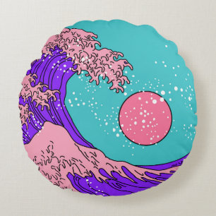 Great Wave in Vaporwave Pop Art style. View on the Round Cushion
