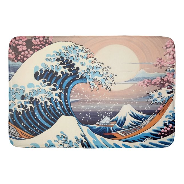 Great Wave inspired pink sakura aesthetic Bath Mat (Front)