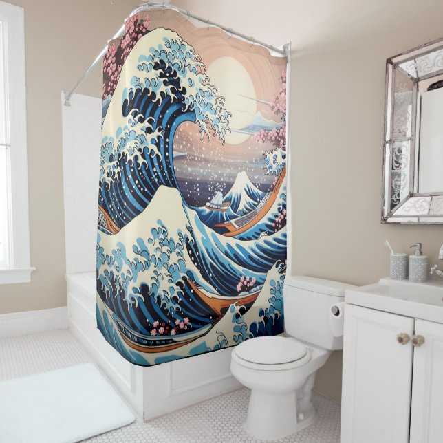 Great Wave inspired pink sakura aesthetic Shower Curtain (In Situ)