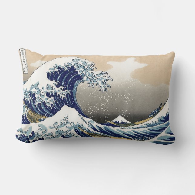 Great Wave Kanagawa Japanese Painting Lumbar Cushion (Front)