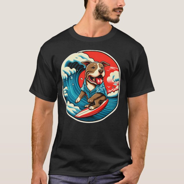 Great Wave Kanagawa Pit Bull dog Surfing T-Shirt (Front)