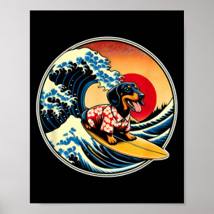 Great Wave Kanagawa Weiner Dachshund Dog Surfing Poster
