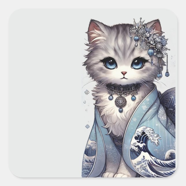 Great Wave Kimono Japanese Princess Cat Square Sticker (Front)