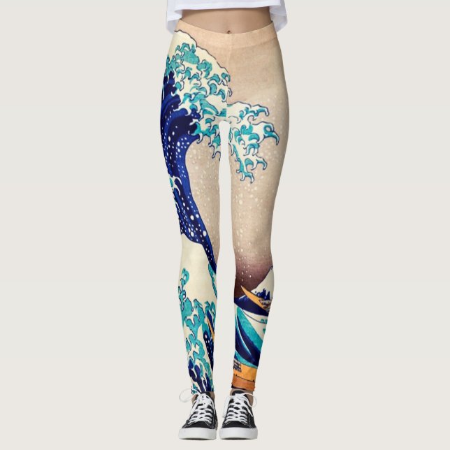 Great Wave Off Kanagawa Vintage Japanese Art Leggings (Front)