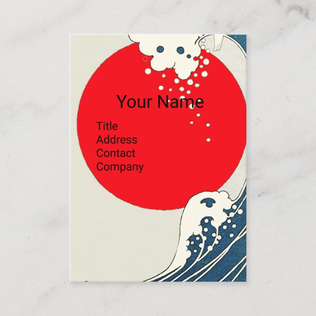 GREAT WAVE, RED SUN Blue White Nautical Monogram Business Card (Front)