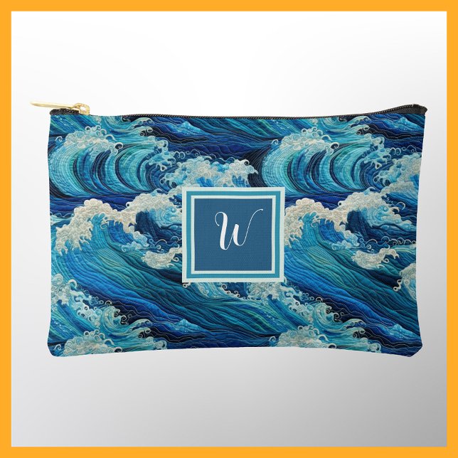 Great Waves and Seafoam Beach Inspired Monogram Accessory Pouch (Creator Uploaded)