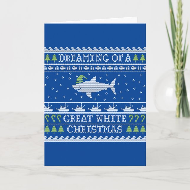 Great White Christmas Funny Ugly Sweater Blue Card (Front)