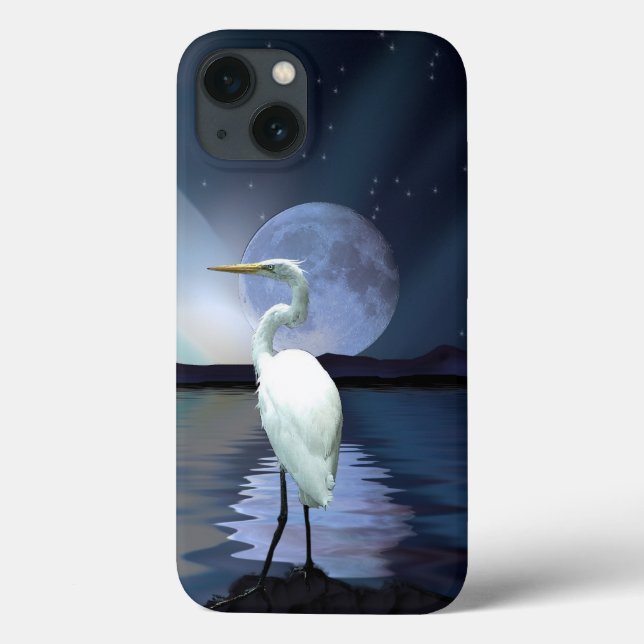 Great White Egret, Moon and Water Wildlife Art 3 Case-Mate iPhone Case (Back)