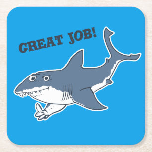 great white great job funny cartoon square paper coaster