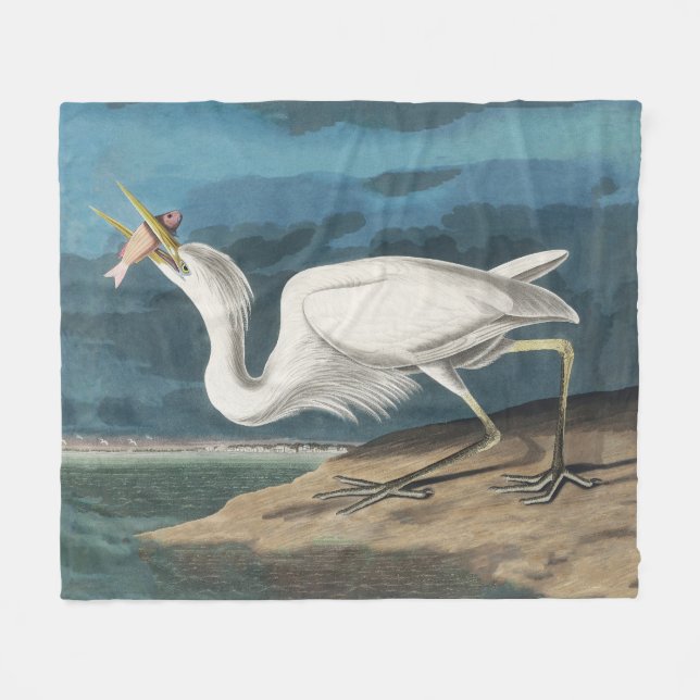 Great White Heron Audubon Bird Wildlife Painting Fleece Blanket (Front (Horizontal))