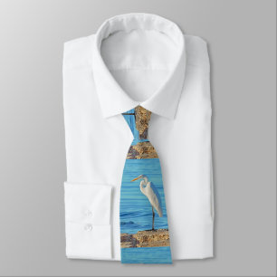 Great White Heron Bird Blue Shoreline Mens Tie