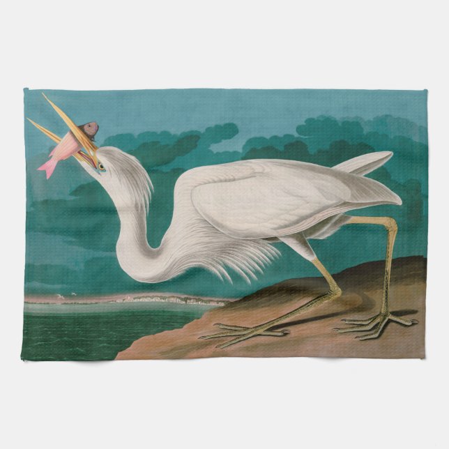 Great White Heron Birds of America Audubon Print Tea Towel (Horizontal)
