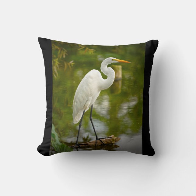 Great White Heron on a Log Photograph Cushion (Front)