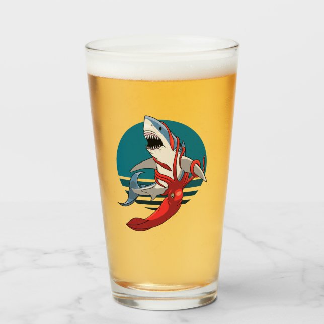 Great White Shark and Giant Squid Glass (Front Filled)