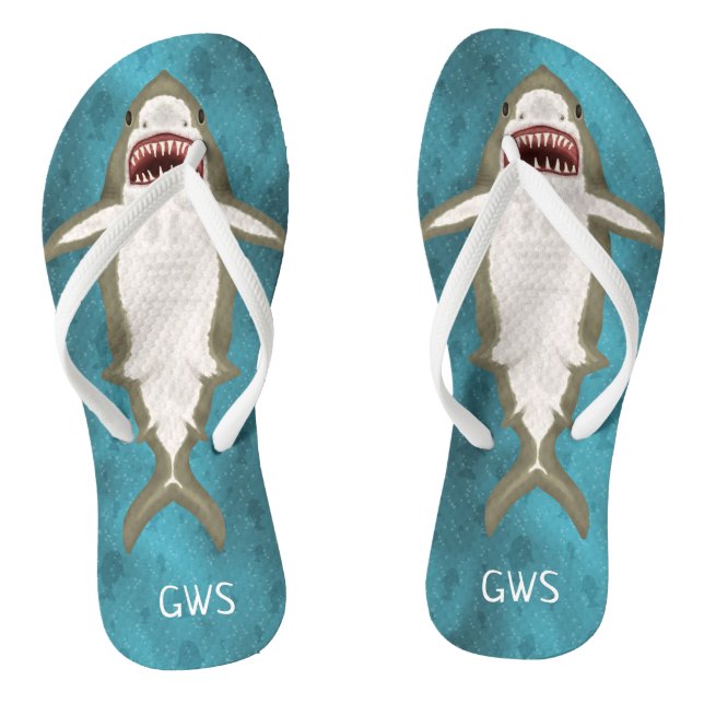 Great White Shark Attack Funny Ocean Monogrammed Jandals (Footbed)