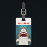 Great White Shark Attack Personalised Ocean Funny Luggage Tag<br><div class="desc">People will flee in fear when they see this custom Great White Shark luggage tag. It has a hand-drawn shark with plenty of pointy teeth, swimming along on a blue / sea green ocean background with bubbles and the silhouettes of fish trying to escape. Add your name to the front...</div>