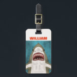 Great White Shark Attack Personalised Ocean Funny Luggage Tag<br><div class="desc">People will flee in fear when they see this custom Great White Shark luggage tag. It has a hand-drawn shark with plenty of pointy teeth, swimming along on a blue / sea green ocean background with bubbles and the silhouettes of fish trying to escape. Add your name to the front...</div>