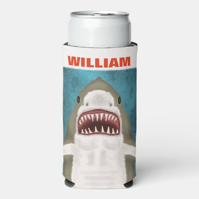 Great White Shark Attack Personalised Ocean Funny Seltzer Can Cooler (Seltzer Front)