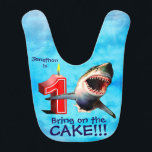 Great White Shark First Birthday Bib<br><div class="desc">First birthdays are always special. Make it more special with this fun great white shark design saying "Bring on the cake!!!"</div>