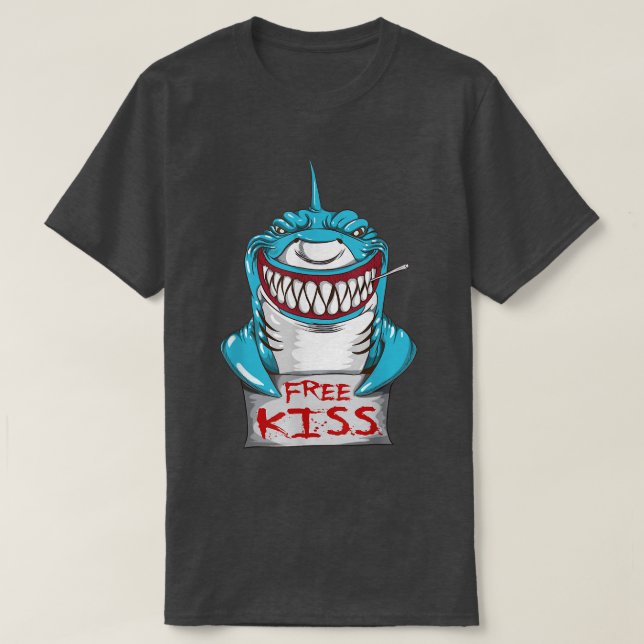 Great White Shark Free Kiss Shark Bite Teeth Bitin T-Shirt (Design Front)