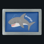 Great white shark happy cartoon illustration belt buckle<br><div class="desc">A happy,  hungry great white shark is swimming in the ocean. Drawn in cute cartoon illustration style for a fun day!</div>