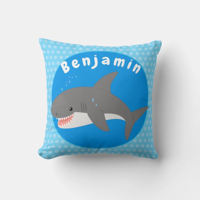 Great white shark happy cartoon illustration cushion (Front)