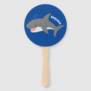 Great white shark happy cartoon illustration hand fan