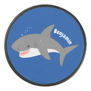 Great white shark happy cartoon illustration hockey puck
