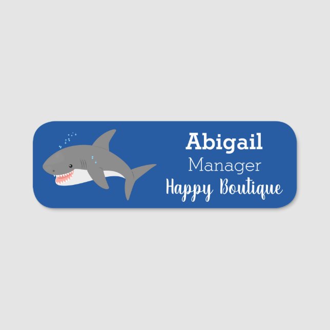 Great white shark happy cartoon illustration  name tag (Front)