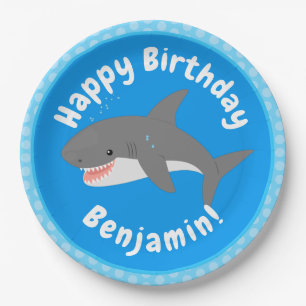 Great white shark happy cartoon illustration paper plate
